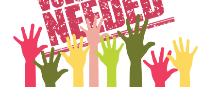 Drawing of hands raised with words Volunteers Needed