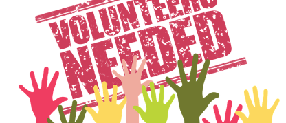Drawing of hands raised with words Volunteers Needed