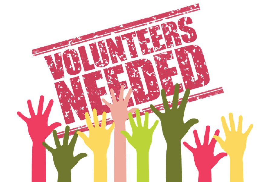 Drawing of hands raised with words Volunteers Needed
